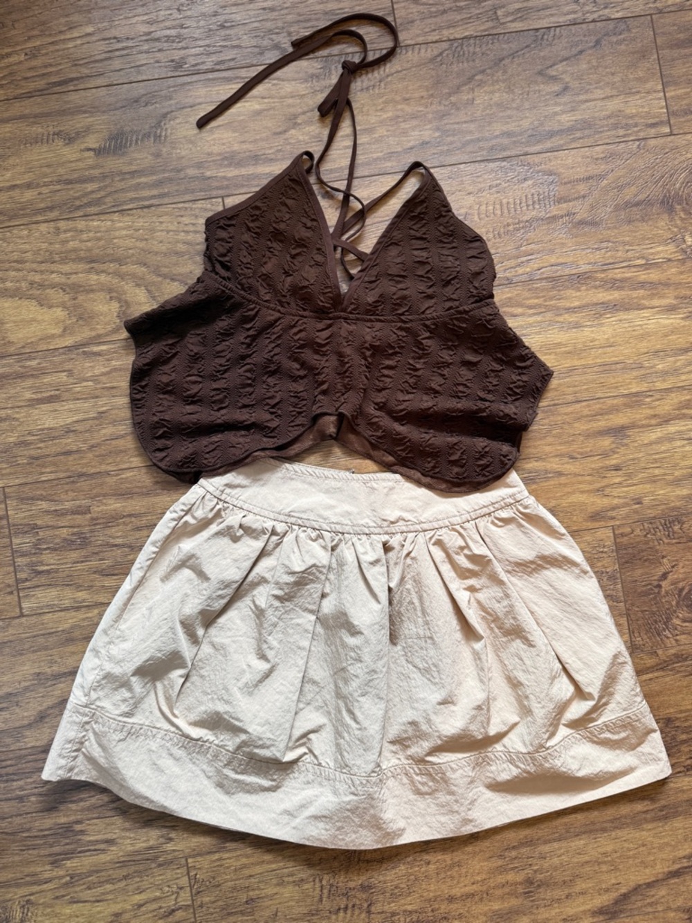 Brown Crochet Halter Crop Top & Cream Mini Skirt Set